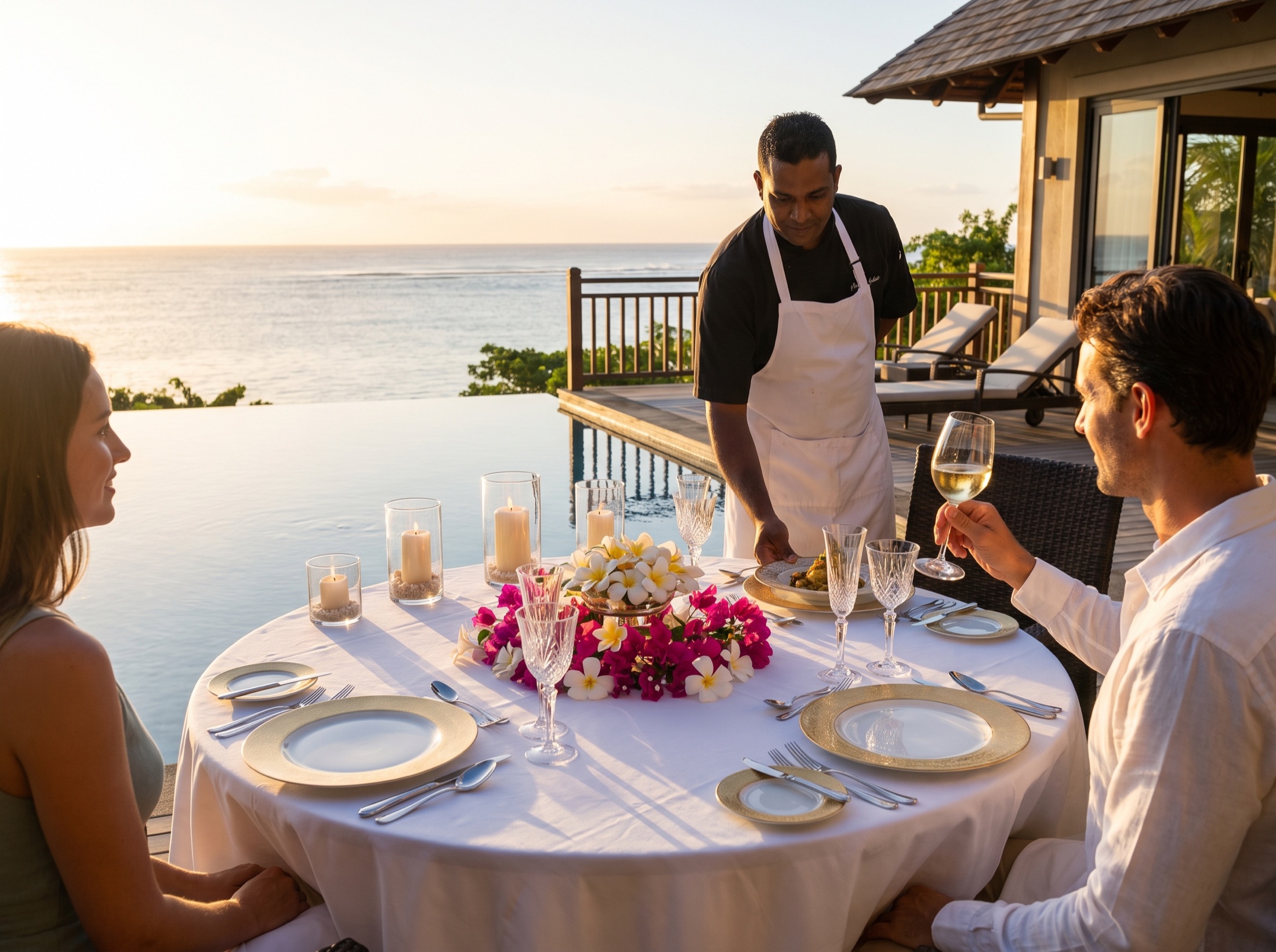 Private dinner on a villa terrace at sunset