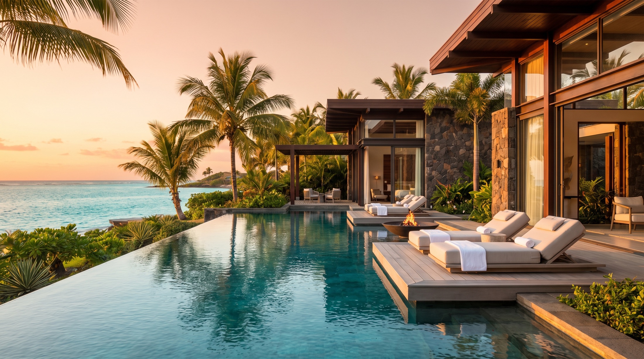 Luxury villa with infinity pool overlooking the Mauritian lagoon at golden hour
