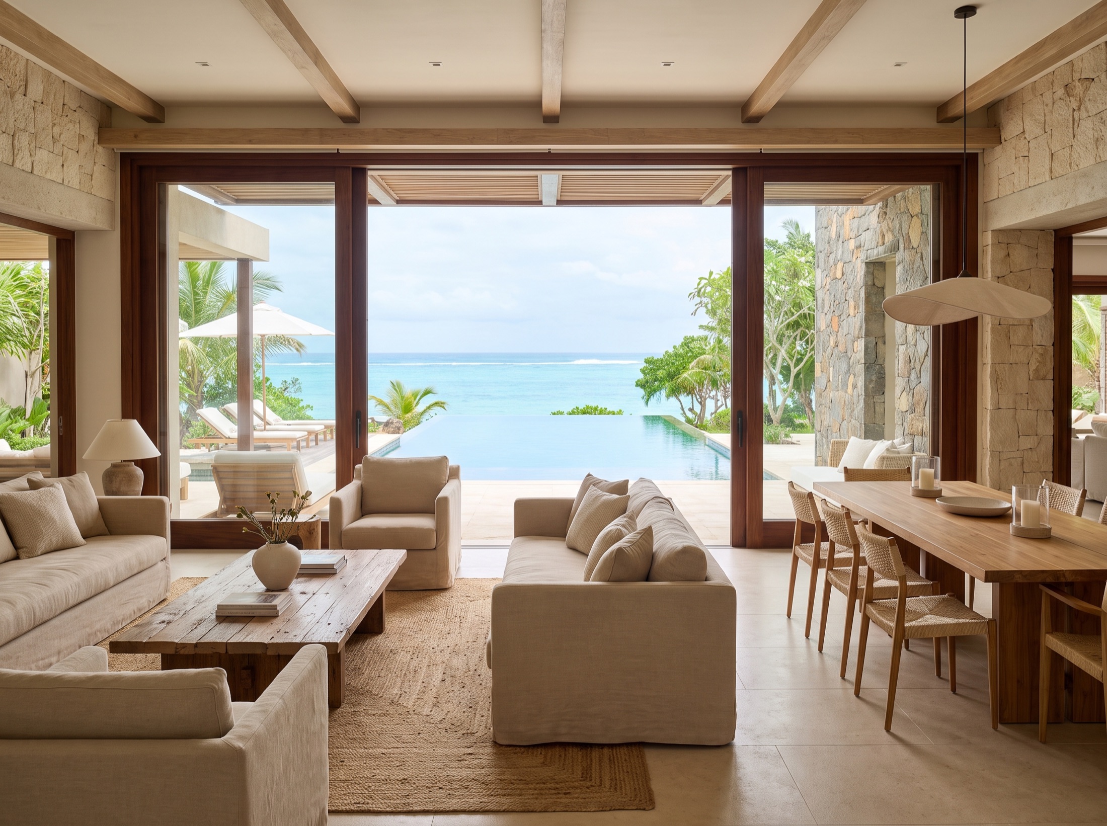 Luxury villa interior opening onto the ocean